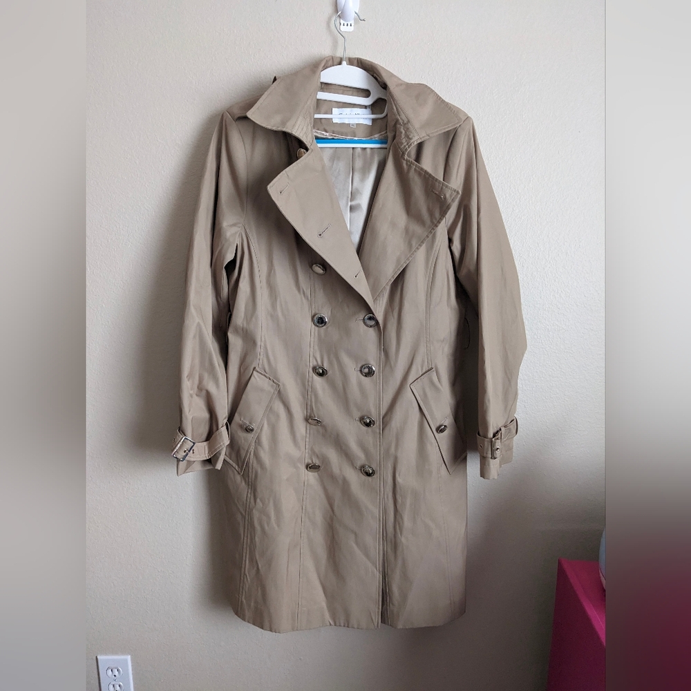 Calvin Klein Classic Tan Trench Coat With Hood Size Large Petite